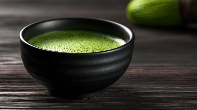 A black bowl filled with frothy matcha tea sits on a dark rustic wooden table. This image represents traditional Japanese tea culture and wellness lifestyle.