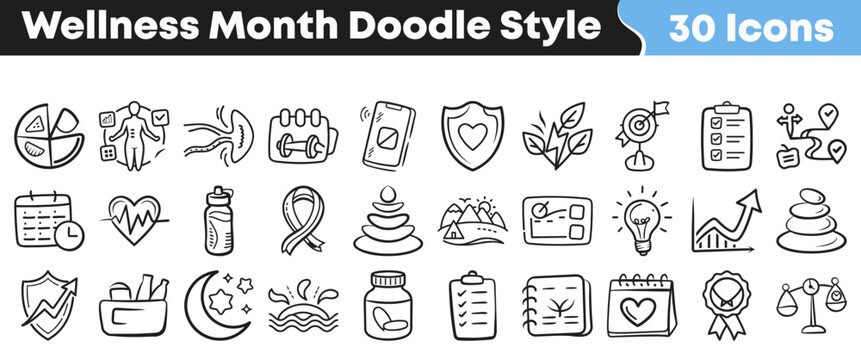 Set of thirty hand drawn wellness month doodle style icons