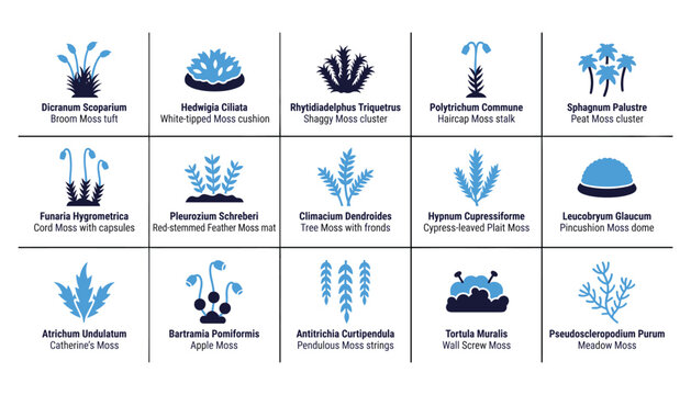 Detailed bryophyte classification chart vector illustration including various types of forest mosses.
