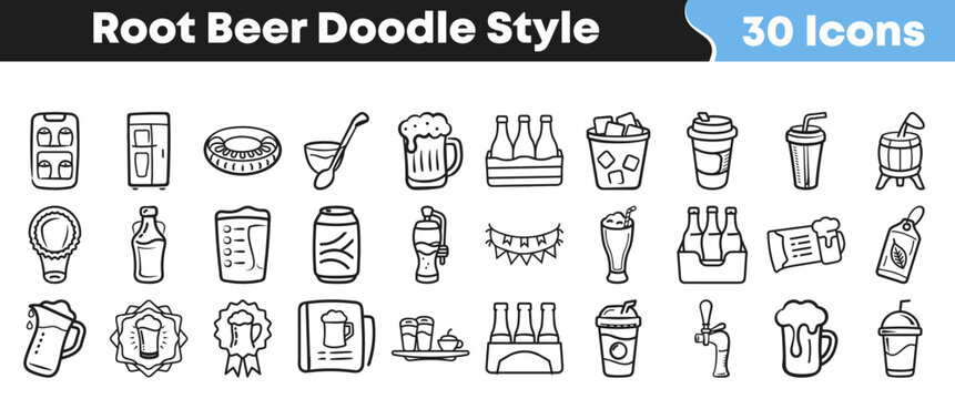 Hand drawn black and white root beer themed icon set