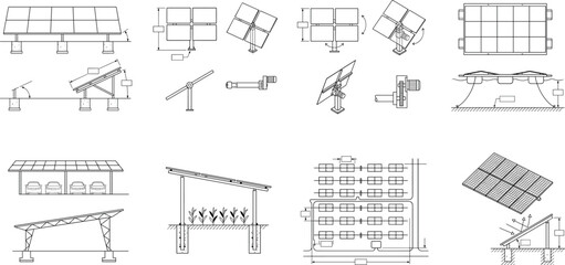 Solar panel mounting systems and tracking line art icon set featuring agrivoltaics carport and floating solar © IconicCreations