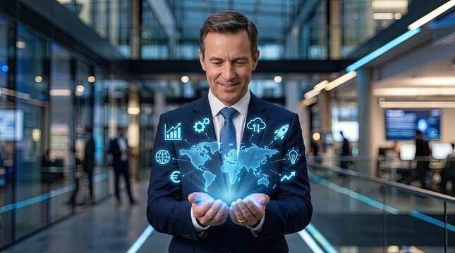 Businessman presenting global business concepts with augmented reality interface