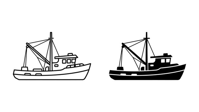 Fishing Boat Silhouette: Two fishing boats, one outlined and one in silhouette, showcase a traditional design with rigging and deck features, representing maritime industry and sea travel.