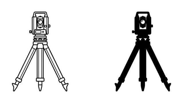 Total Station and Tripod Silhouette: Two illustrations of a total station surveying instrument, one outlined and one in silhouette, mounted on a tripod.