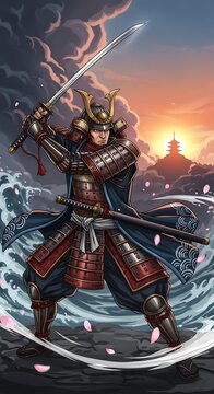 A samurai warrior stands heroically on a rocky shore, wielding two swords as a stormy sunset looms