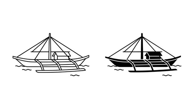 Filipino Banka Boat: Iconic illustration of a traditional Filipino banka boat, depicted in both line art and silhouette, sailing on gentle waves.