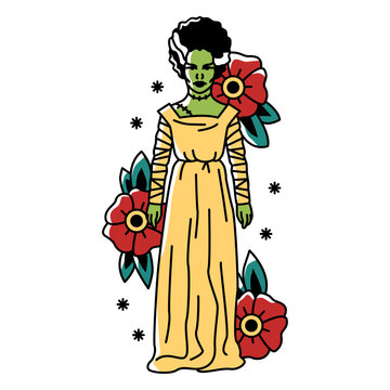Spooky zombie bride traditional tattoo