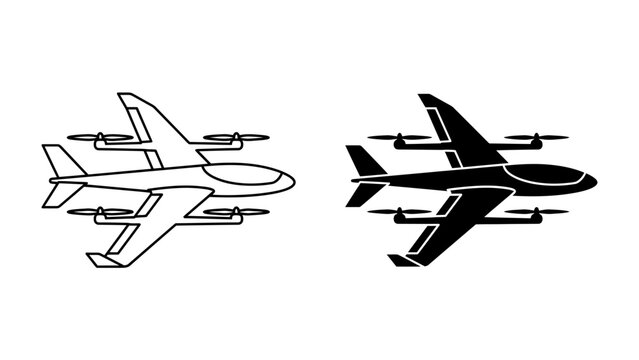 Future VTOL Aircraft Concepts: A conceptual design showcasing innovative vertical take-off and landing (VTOL) aircraft, presented in both line art and silhouette form.