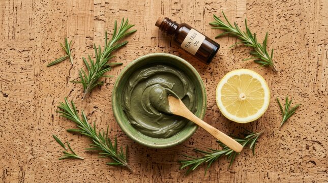 Herbal face mask with rosemary and lemon on wooden table