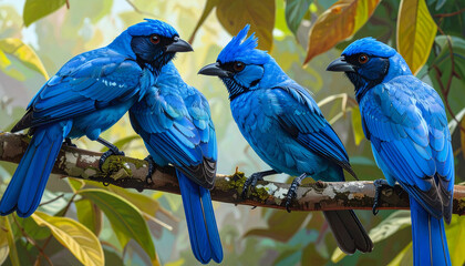 Naklejka premium Four vibrant blue birds perched on a tree branch in nature