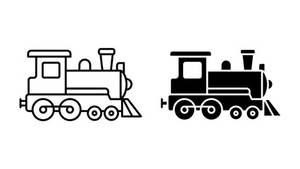 Steam Engine Icon Set: A graphic representation showcasing a classic steam locomotive in both outline and solid black silhouette form, perfect for travel or industry themes. © abu