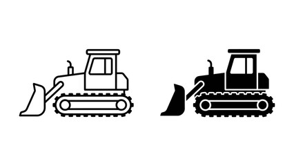 Bulldozer Icon Set: A collection of two distinct icons representing a bulldozer, one in a clean line art style and the other as a solid silhouette. © abu