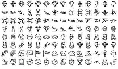 Extreme Skydiving Adventure Outline Icon Collection with Parachute Equipment Vector Illustration © Md