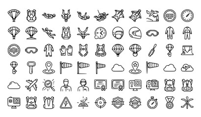 Skydiving Thin Line Icon Set with Parachute Extreme Sports and Adventure Vector Illustration © Md