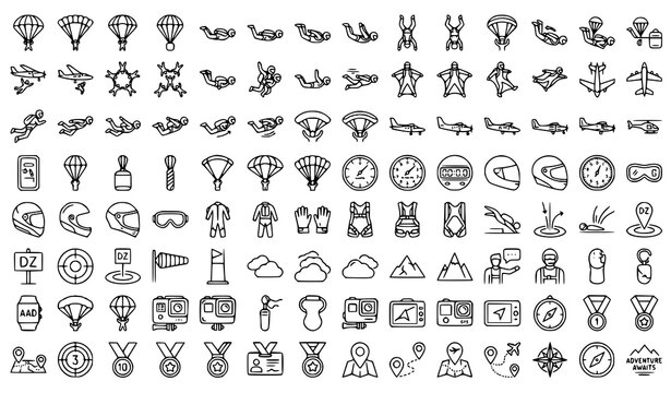 Professional Skydiving and Parachute Mega Thin Line Icon Set for Adventure Sports Vector Illustration