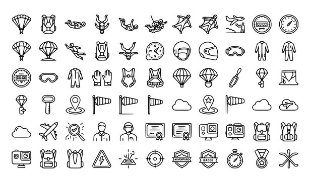 Skydiving Thin Line Icon Set with Parachute Extreme Sports and Adventure Vector Illustration