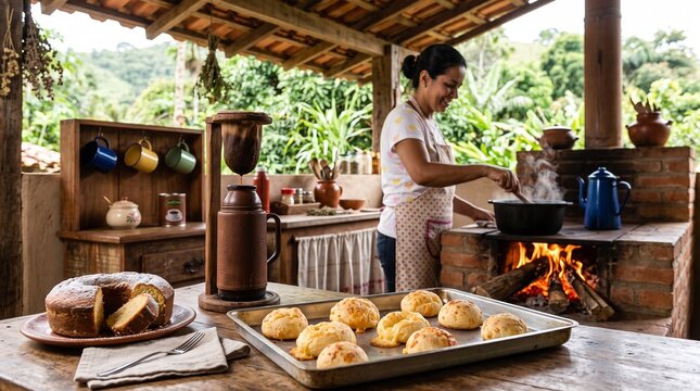 Commercial medium shot lifestyle photography of a traditional Brazilian country breakfast, featuring a woman cooking on a rustic wood-burning stove with fresh p&atilde;o de queijo and a cloth coffee strainer