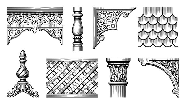 Collection of vintage architectural woodcut ornaments and design elements featuring corbels, balusters, and patterns