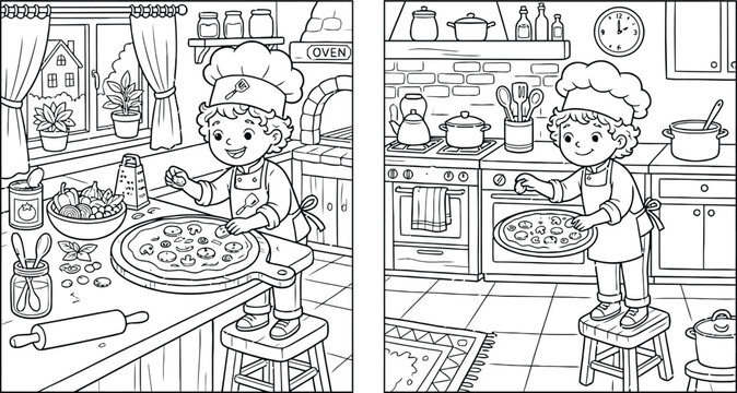 Girl Chef Baking Pizza in Kitchen Coloring Page