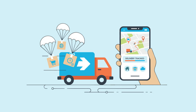 Smart commercial logistics delivery tracking concept with a mobile application and packages on a cargo truck.