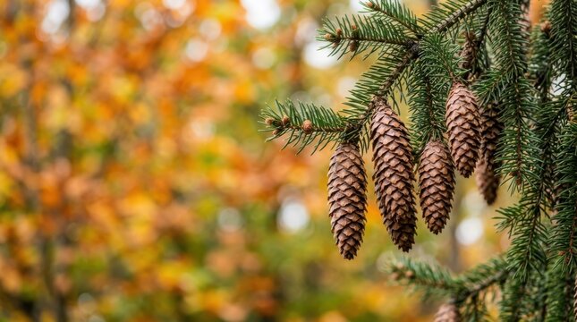 Pine cones hanging from evergreen branch in autumn