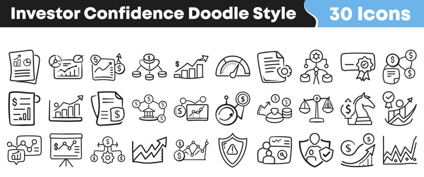 Hand drawn doodle style icons representing investor confidence and financial growth
