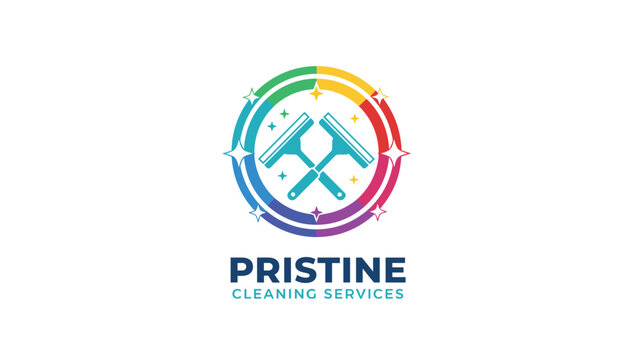 Elegant circular logo design for Pristine Cleaning Services featuring crossed squeegees and colorful sparkles.