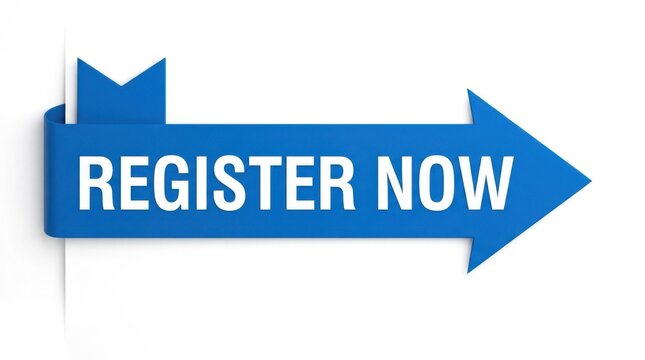 Register Now Call to Action Button with Blue Arrow in Flat Design Style