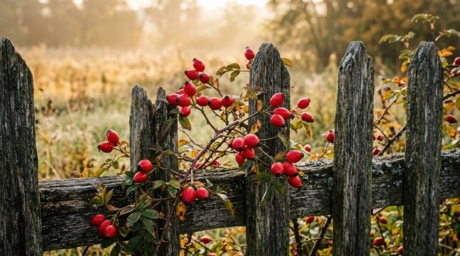 Vibrant red berries on old wooden fence in autumn field
