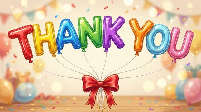 Colorful thank you balloons with red bow and confetti