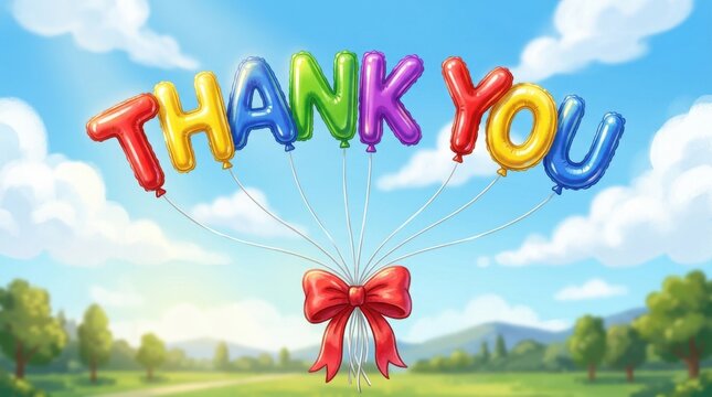Colorful thank you message with red bow in a sunny landscape