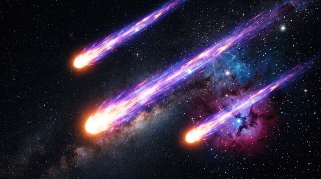 Meteors streak across starry night sky with vibrant purple trails