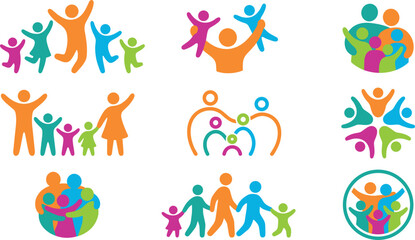 Fototapeta premium Colorful Abstract Family Care Icon Set with Parents and Children Symbols for Non Profit Community Support and Medical Healthcare Branding