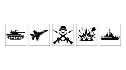 Fototapeta premium Military Equipment and Warfare Action Icon Set