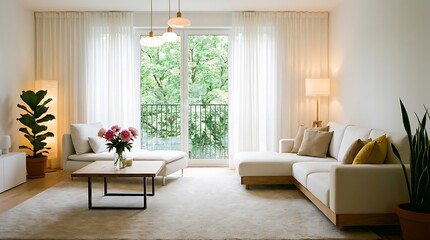 Fototapeta premium Bright and airy living room with white sectional sofa, wooden coffee table, and plants interior white sofa