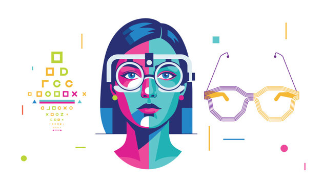 Creative optometry poster illustration featuring a woman face with eye examination trial frame and visual acuity chart.