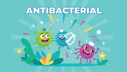 Fototapeta premium Playful antibacterial concept poster showing cartoon virus characters and one holding shield to protect against germs.