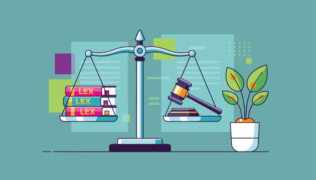 Scales of justice with legal books and judge gavel standing on office desk next to green potted plant decoration.