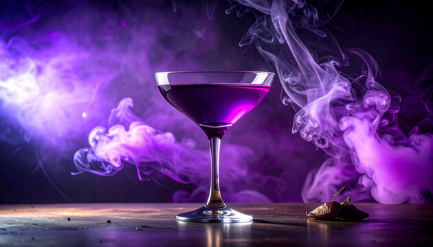 Purple cocktail with dramatic purple smoke and chili garnish