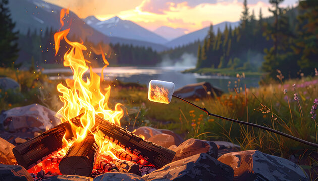 Roasting Marshmallow over campfire at dusk mountain lake landscape