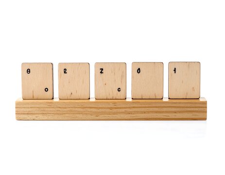 A wooden base with five light brown blocks, each bearing a digit