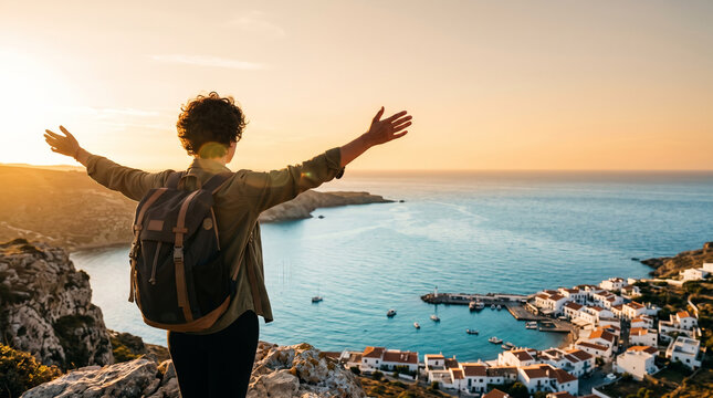 Traveler with arms outstretched overlooking a coastal village at sunset
