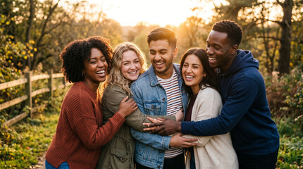 Obraz premium Diverse group of friends laughing and hugging outdoors during golden hour