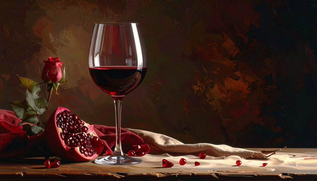 Still life with glass of red wine pomegranate and rose