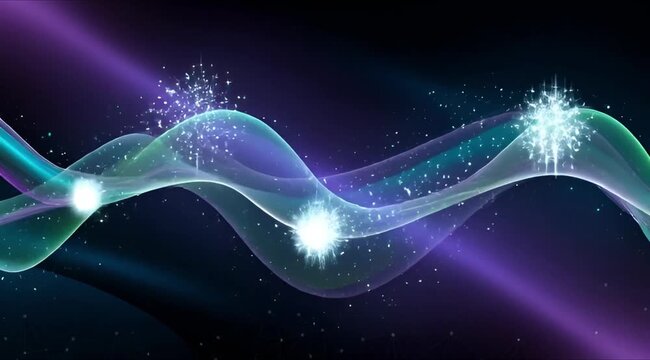Glowing wave particles move through space with purple light beams