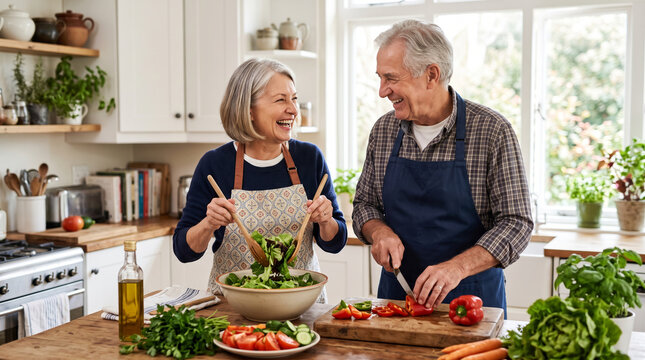 Happy senior couple preparing a healthy salad together in a bright kitchen
