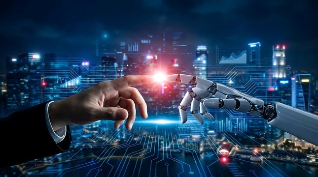 Human and robot hands touching with glowing light against futuristic city artificial intelligence, robot, human, hand, technology