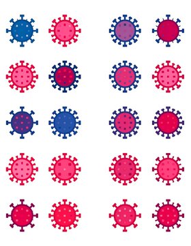 A graphic illustration of 20 virus particles in blue and red hues arranged in four rows of five against a white background