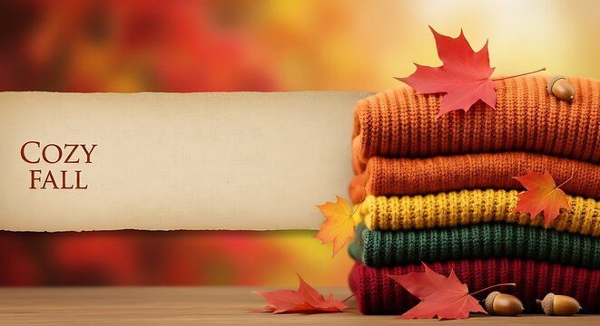 A stack of folded sweaters in autumn colors on a wooden surface with scattered leaves