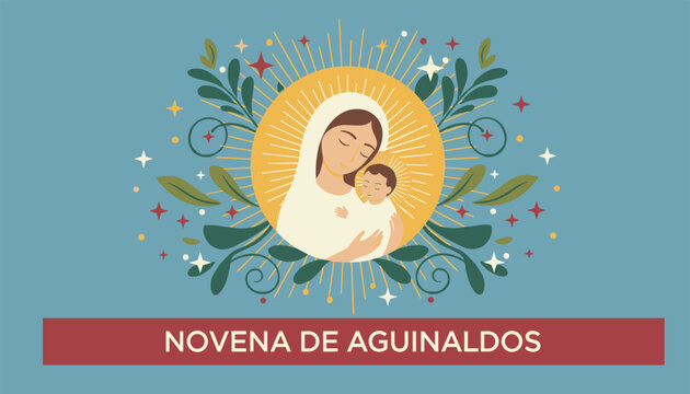 Beautiful Novena de Aguinaldos illustration featuring Virgin Mary tenderly holding baby Jesus amidst elegant green leafy decorations.